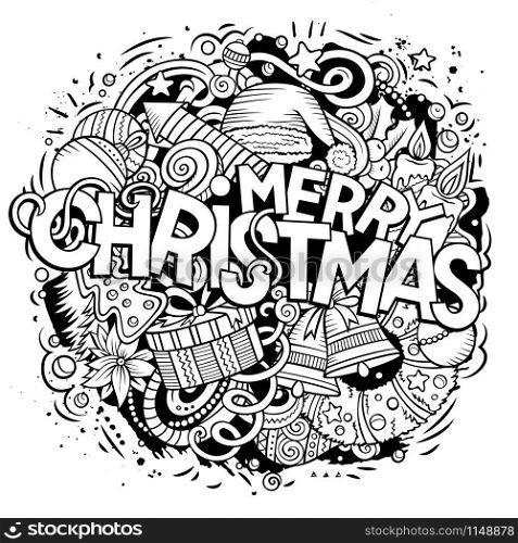 Merry Christmas hand drawn doodles illustration. New Year objects and elements poster design. Creative cartoon holidays art background. Line art vector drawing. Merry Christmas hand drawn doodles illustration. New Year design