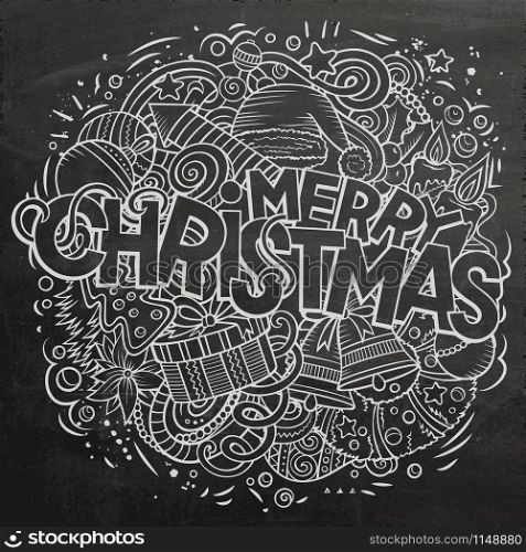Merry Christmas hand drawn doodles illustration. New Year objects and elements poster design. Creative cartoon holidays art background. Line art vector drawing. Merry Christmas doodles illustration. New Year objects poster design