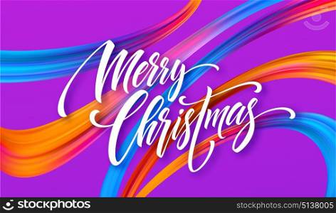 Merry Christmas hand drawn lettering banner design. Xmas greeting with rainbow acrylic ribbons. Vivid oil paint brush strokes. Merry Christmas calligraphy on purple background. Isolated vector. Merry Christmas hand drawn lettering banner design