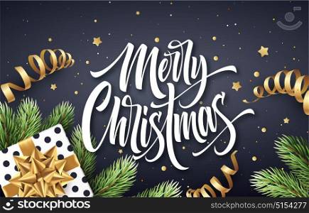 Merry Christmas hand drawn lettering greeting card design. Xmas calligraphy with realistic spruce branches and present. Christmas golden scroll ribbons, stars and confetti. Isolated vector. Merry Christmas hand drawn lettering greeting card design