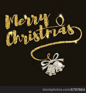 Merry Christmas. Hand drawn lettering in golden style with flares on dark background. Christmas bells. Vector illustration.