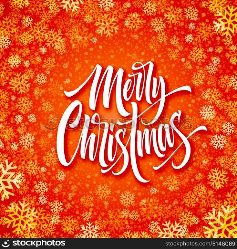 Merry Christmas hand drawn lettering in snowflakes frame. Xmas calligraphy on orange background. Christmas lettering with snowfall. Xmas calligraphy in round frame. Poster design. Isolated vector. Merry Christmas hand drawn lettering in snowflakes frame