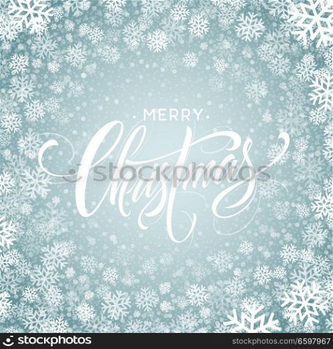 Merry Christmas hand drawn lettering in snowflakes frame. Xmas icy calligraphy. Christmas frozen lettering in snowfall. Xmas isolated calligraphy in round frame. Banner, poster winter design. Vector. Merry Christmas hand drawn lettering in snowflakes frame