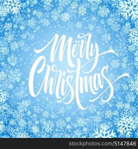 Merry Christmas hand drawn lettering in snowflakes frame. Xmas isolated calligraphy in round frame. Christmas frozen lettering in snowfall. Xmas icy calligraphy. Banner, poster winter design.Vector. Merry Christmas hand drawn lettering in snowflakes frame