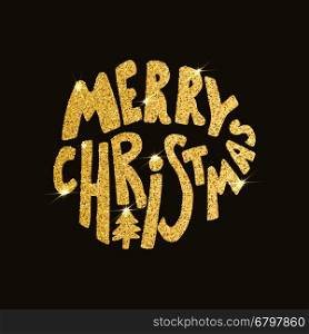 Merry Christmas. Hand drawn lettering on dark background with golden sparkles. Vector illustration.