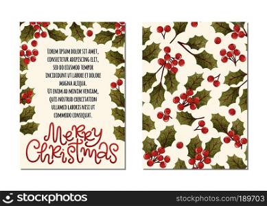 Merry Christmas hand drawn lettering Postcard with holly frame and place for text and pattern