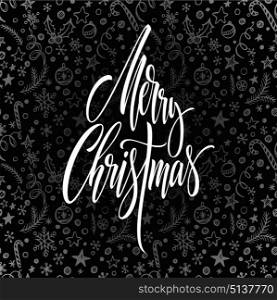 Merry Christmas hand drawn lettering. Xmas calligraphy. Christmas lettering, decorations and objects. Xmas seamless pattern on black background. Cover, poster, postcard design. Vector illustration. Merry Christmas hand drawn lettering