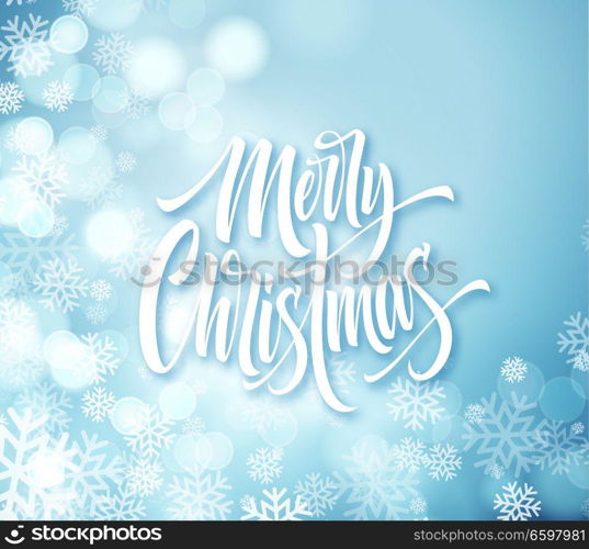 Merry Christmas hand drawn lettering. Xmas calligraphy with snowflakes and round sparks. Merry Christmas lettering on frozen background. Xmas greeting. Banner, poster, postcard design. Isolated vector. Merry Christmas hand drawn lettering