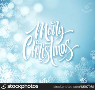 Merry Christmas hand drawn lettering. Xmas calligraphy with snowflakes and round sparks. Merry Christmas lettering on frozen background. Xmas greeting. Banner, poster, postcard design. Isolated vector. Merry Christmas hand drawn lettering