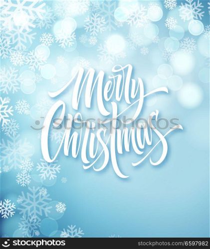 Merry Christmas hand drawn lettering. Xmas calligraphy with snowflakes and round sparks. Merry Christmas lettering on winter background. Xmas greeting. Poster, banner design. Isolated vector. Merry Christmas hand drawn lettering