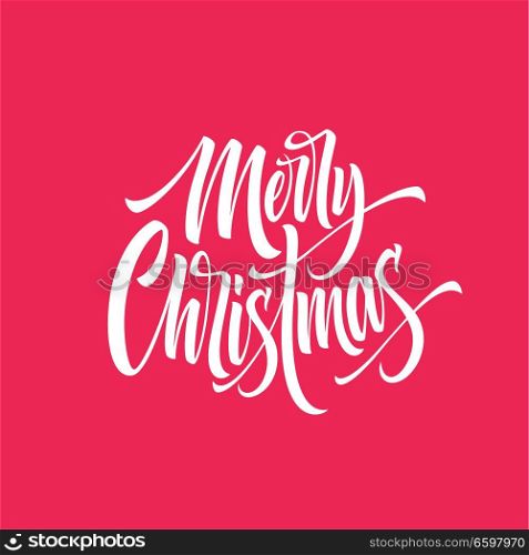 Merry Christmas hand drawn lettering. Xmas cursive calligraphy. Merry Christmas lettering on pink background. Xmas greeting. Banner, poster, postcard design. Isolated vector illustration. Merry Christmas hand drawn lettering