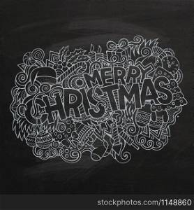 Merry Christmas hand lettering and doodles elements background. Vector chalkboard illustration. Merry Christmas hand lettering and doodles elements background.