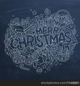 Merry Christmas hand lettering and doodles elements background. Vector chalkboard illustration. Merry Christmas hand lettering and doodles elements background.