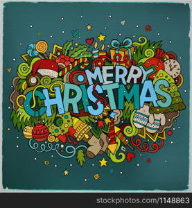 Merry Christmas hand lettering and doodles elements background. Vector colorful illustration. Merry Christmas hand lettering and doodles elements background.