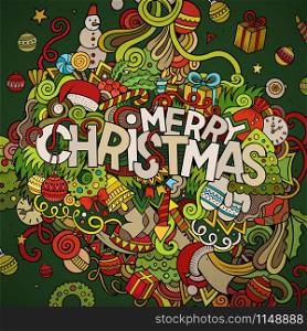 Merry Christmas hand lettering and doodles elements background. Vector colorful illustration. Merry Christmas hand lettering and doodles elements background.