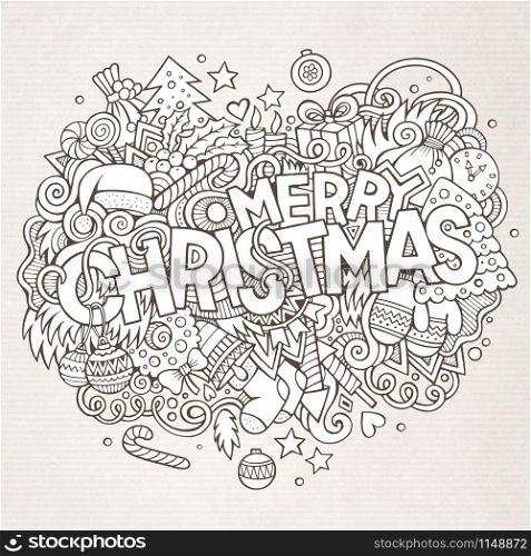 Merry Christmas hand lettering and doodles elements background. Vector sketchy illustration. Merry Christmas hand lettering and doodles elements background