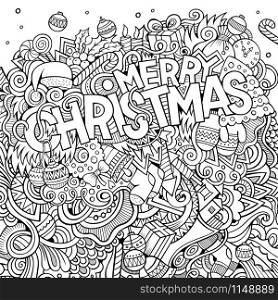 Merry Christmas hand lettering and doodles elements background. Vector sketchy illustration. Merry Christmas hand lettering and doodles elements background.