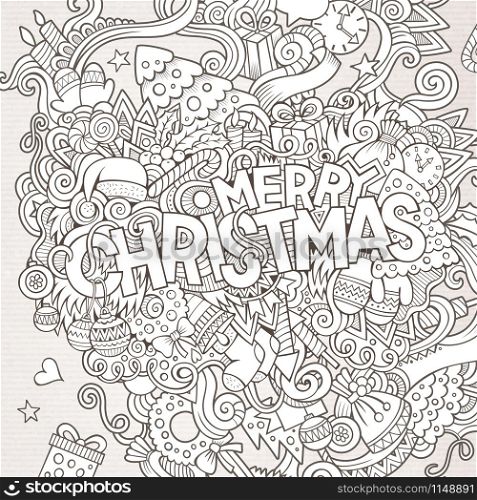 Merry Christmas hand lettering and doodles elements background. Vector sketchy illustration. Merry Christmas hand lettering and doodles elements background.