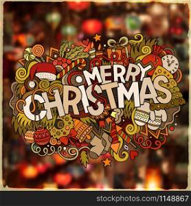 Merry Christmas hand lettering and doodles elements vector illustration. Blurred background.. Merry Christmas hand lettering and doodles elements vector