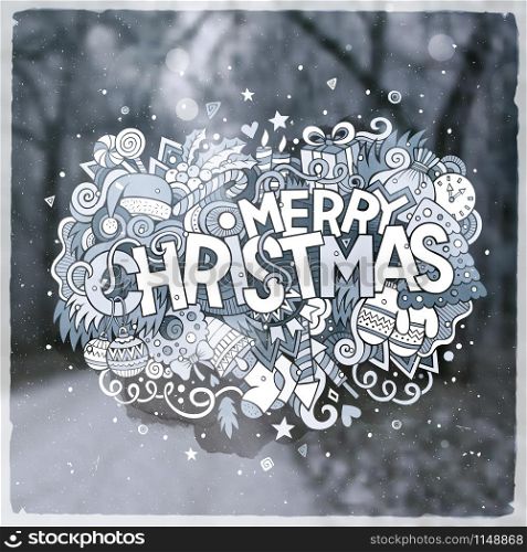 Merry Christmas hand lettering and doodles elements vector illustration. Blurred nature background.. Merry Christmas hand lettering and doodles elements vector