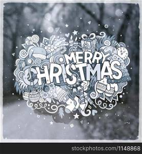 Merry Christmas hand lettering and doodles elements vector illustration. Blurred nature background.. Merry Christmas hand lettering and doodles elements vector