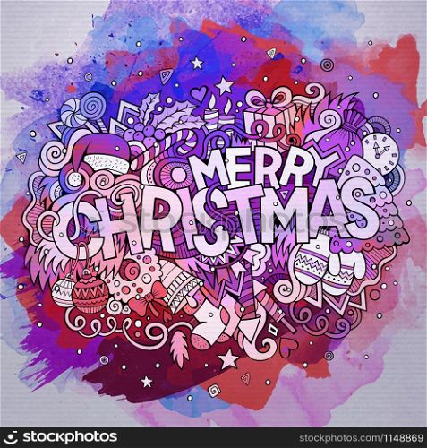 Merry Christmas hand lettering and doodles elements watercolor background. Vector illustration. Merry Christmas hand lettering and doodles elements watercolor