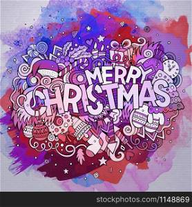 Merry Christmas hand lettering and doodles elements watercolor background. Vector illustration. Merry Christmas hand lettering and doodles elements watercolor