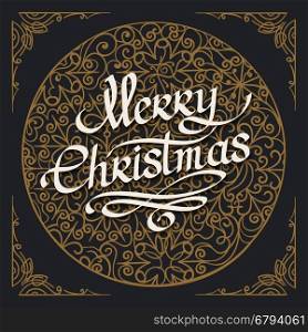 Merry Christmas hand lettering in Retro style. Greeting card with decorative typography and line flourishes on black background