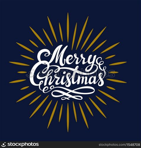Merry Christmas hand lettering. White and gold on dark background. This illustration can be used as a greeting card, poster or print. Vector illustration.. Merry Christmas hand lettering. White and gold on dark background. This illustration can be used as a greeting card, poster or print.