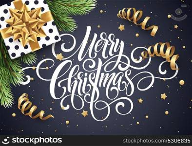 Merry Christmas handwriting script lettering. Christmas congratulatory background with a gift, streamers, confetti. Vector illustration. Merry Christmas handwriting script lettering. Christmas congratulatory background with a gift, streamers, confetti. Vector illustration EPS10