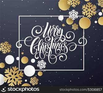 Merry Christmas handwriting script lettering. Golden, white, black Christmas greeting background with snowflakes. Vector illustration EPS10. Merry Christmas handwriting script lettering. Golden, white, black Christmas greeting background with snowflakes. Vector illustration