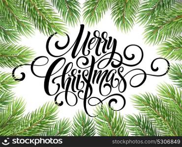 Merry Christmas handwriting script lettering. Greeting background with a Christmas tree. Vector illustration EPS10. Merry Christmas handwriting script lettering. Greeting background with a Christmas tree. Vector illustration