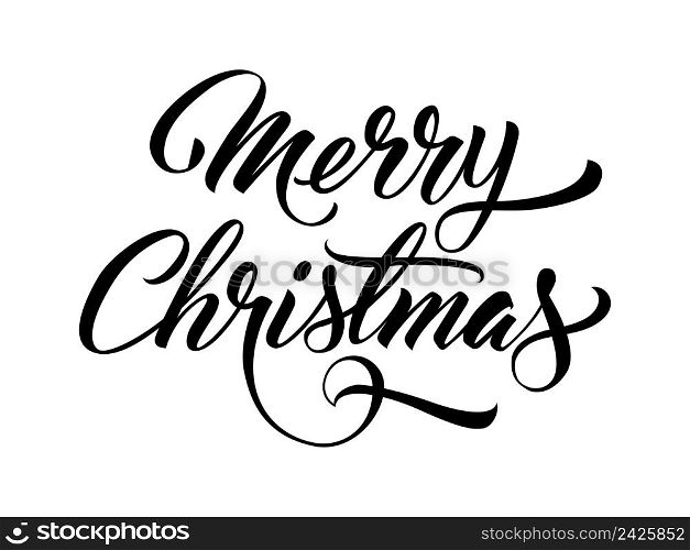 Merry Christmas handwritten text. Creative lettering in black color. Handwritten text, calligraphy. Can be used for greeting cards, posters, leaflets