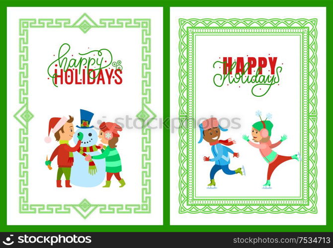 Merry Christmas happy holidays framed posters vector. Children building snowman put hat with mistletoe plant. Kids boy girl figure skating on ice rink. Merry Christmas Happy Holidays Framed Posters