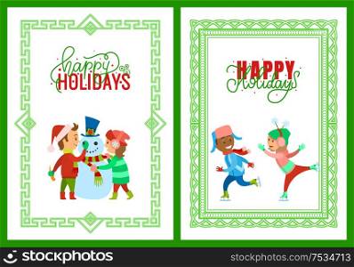 Merry Christmas happy holidays framed posters vector. Children building snowman put hat with mistletoe plant. Kids boy girl figure skating on ice rink. Merry Christmas Happy Holidays Framed Posters