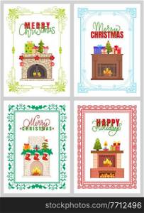 Merry Christmas, Happy Holidays greeting card with colorful frame. Fireplace decorated with gift boxes, fir-tree, Santa socks and festive toys vector. Merry Christmas, Happy Holidays Fireplace Vector