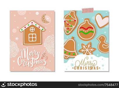 Merry Christmas happy holidays greeting poster vector. Gingerbread meal, cookies made of ginger in shape of house, ball and bell, heart and birdie. Merry Christmas Happy Holidays Greeting Poster