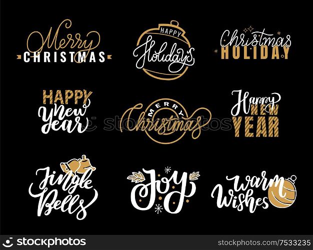 Merry Christmas, happy holidays, Jingle bells and joy, warm wishes lettering hand drawn doodles typography font for greeting cards and creative postcards, vector. Merry Christmas Happy Holidays Jingle Bell and Joy