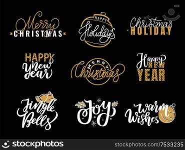 Merry Christmas, happy holidays, Jingle bells and joy, warm wishes lettering hand drawn doodles typography font for greeting cards and creative postcards, vector. Merry Christmas Happy Holidays Jingle Bell and Joy