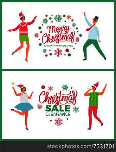 Merry Christmas happy holidays sale, winter offer vector. Promotion of shops, market price reduction, new years preparation, people celebration party. Merry Christmas Happy Holidays Sale, Winter Offer