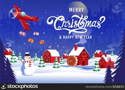 Merry Christmas, happy new year 2020 , calligraphy, landscape winter, vector illustration.