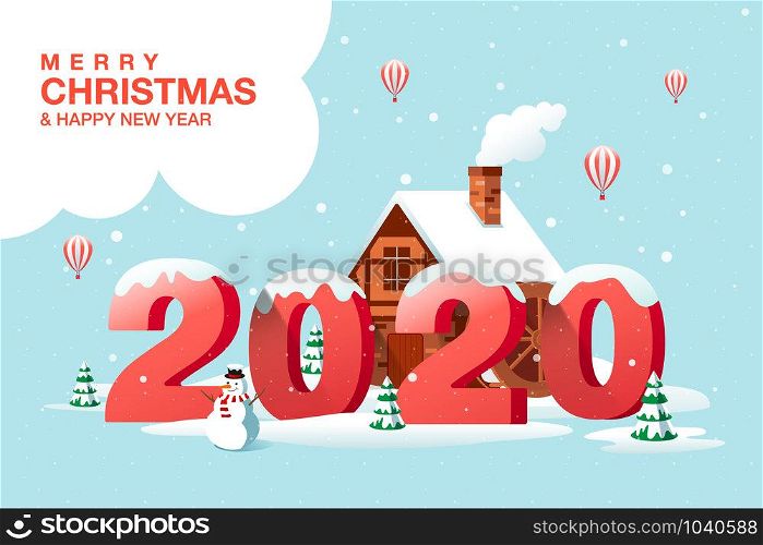 Merry Christmas, Happy New Year 2020, Hometown City, Winter Landscape, Vector Illustration.
