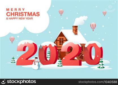Merry Christmas, Happy New Year 2020, Hometown City, Winter Landscape, Vector Illustration.