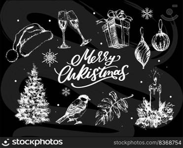 Merry Christmas. Happy New Year, 2023. Typography set. Vector logo, emblems, text design. Usable for banners, greeting cards gifts. Merry Christmas. Happy New Year, 2023. Typography set. Vector logo, emblems, text design. Usable for banners, greeting cards, gifts etc.