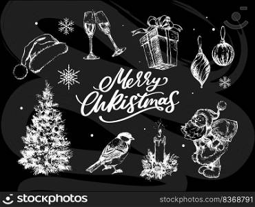 Merry Christmas. Happy New Year, 2023. Typography set. Vector logo, emblems, text design. Usable for banners, greeting cards, gifts etc.