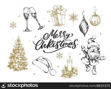 Merry Christmas. Happy New Year, 2023. Typography set. Vector logo, emblems, text design. Usable for banners, greeting cards gifts. Merry Christmas. Happy New Year, 2023. Typography set. Vector logo, emblems, text design. Usable for banners, greeting cards, gifts etc.