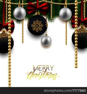 Merry Christmas Happy New Year background, fir branches, decorative balls, snow, vector illustration