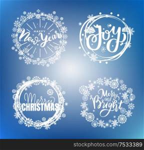 Merry Christmas, Happy New Year, Bright Joy text for greeting cards. Lettering fonts doodles in wreath of snowflakes, inscription, New Year celebration. Merry Christmas, Happy New Year, Bright Joy Text