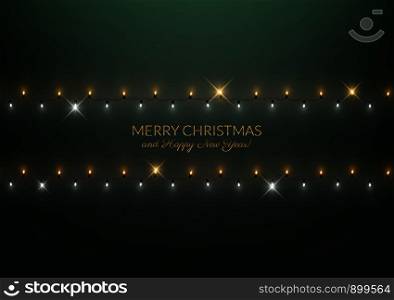 Merry Christmas Happy New Year decorative background with shiny led light garland wreath, vector illustration