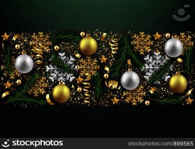 Merry Christmas Happy New Year decorative postcard, baubles and fir branches decoration background, vector illustration